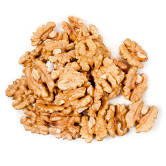 Pile of walnuts isolated on a white background. Top view.