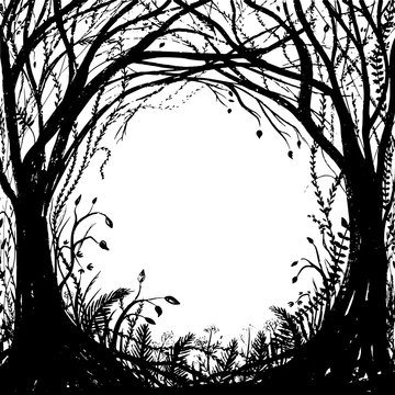 Hand drawn enchanted forest. Vector halloween black and white frame
