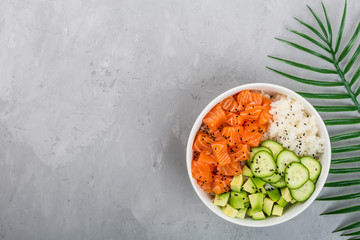 Hawaiian salmon bowl with cucumbers, avocado, sesame seeds and rice. Top view, overhead, flat lay, mock up, template. Healthy food concept