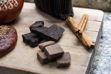 Traditional Mexican chocolate bar and spices