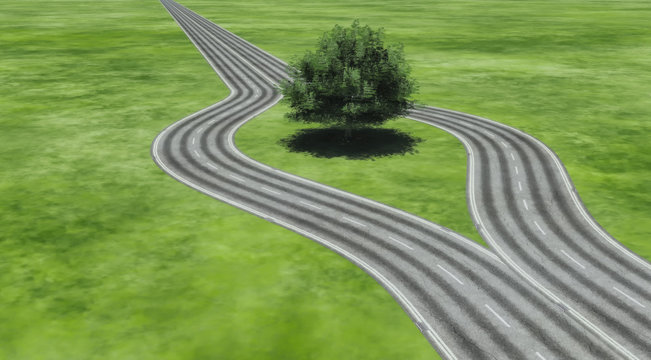 Two roads separated by a tree. This is 3d render illustration