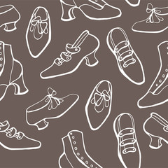 Retro shoes background. Vector hand draw vintage seamless patter.