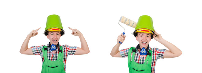 Funny painter with bucket isolated on white