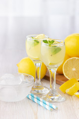 Alcohol cocktail drink with lemon, mint and ice in a small glass.