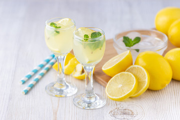 Alcohol cocktail drink with lemon, mint and ice in a small glass.
