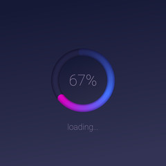 Modern 3D web preloader of updates. Graduated progress bar with percentage of upgrades, downloads. Concept of mobile apps with trendy gradients. Data loading on dark background with radial diagram