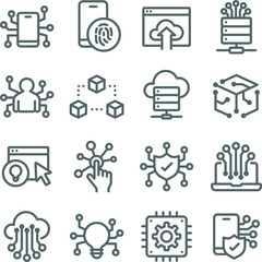 Technology icons set vector illustration. Contains such icon as Machine learning, Algorithm, Cloud Network, Automation, Analyst and more. Expanded Stroke