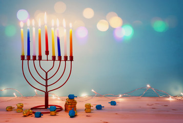 religion image of jewish holiday Hanukkah background with menorah (traditional candelabra) and...