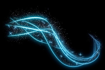 Round golden confetti or sparkles on a black background, with luminous lines. 3d rendering image.