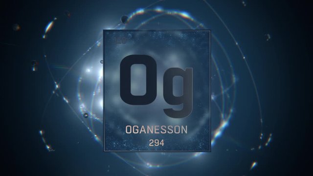 Oganesson as Element 118 of the Periodic Table. Seamlessly looping 3D animation on blue illuminated atom design background with orbiting electrons. Design shows name, atomic weight and element number