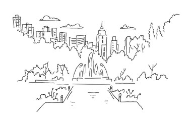 City park with a fountain. Panorama sketch. Big city view. Building skyscrapers landscape on the background. Hand drawn black line.