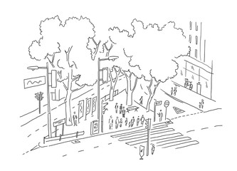 View from window on the street crosswalk. City hand drawn sketch. Building architecture landscape black line.