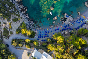 picturesque Bay of sea with beach rocks and stones, clear turquoise water, view from the drone