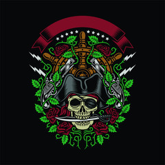 Pirate Skull Bite A Dagger With Roses And Guns