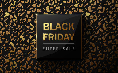 Black friday sale poster. Leopard pattern design. Gold and black luxury background. Paper art and craft style. Vector business illustration