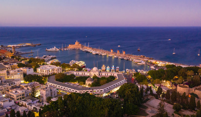 Aerial birds eye view photo taken by drone of Rhodes island old fortified town, popular tourist...