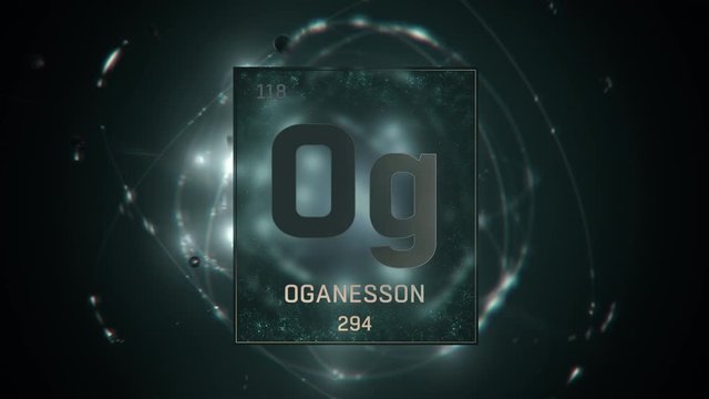 Oganesson as Element 118 of the Periodic Table. Seamlessly looping 3D animation on green illuminated atom design background with orbiting electrons. Design shows name, atomic weight and element number
