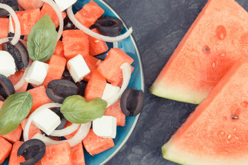 Fresh summer salad of watermelon and feta cheese as source vitamins and minerals