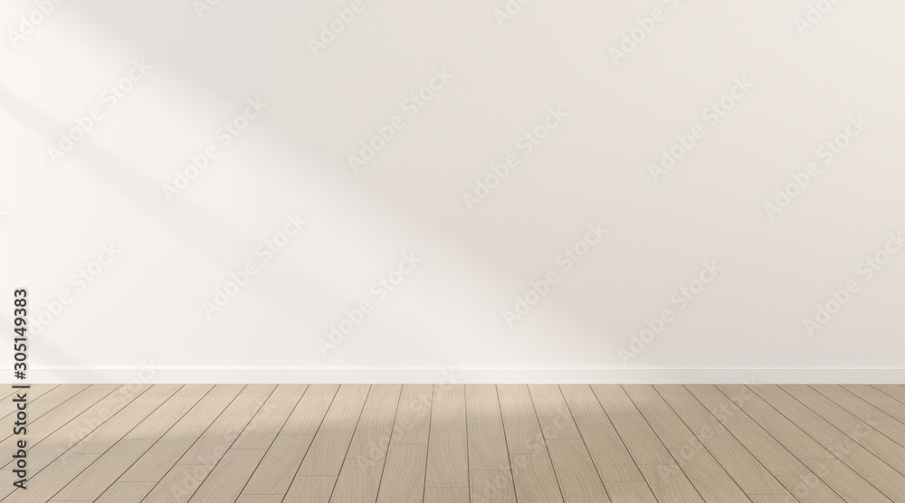 Fototapete mock-up of white empty room and wood laminate floor with sun light cast the shadow on the wall,persp