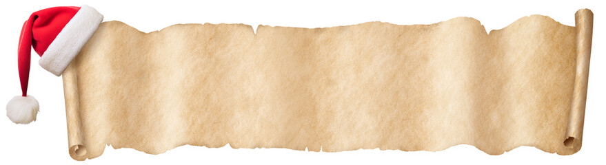 Old horizontal paper scroll banner and christmas hat isolated on white