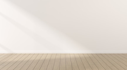 Mock-up of white empty room and wood laminate floor with sun light cast the shadow on the wall,Perspective of minimal inteior design. 3D rendering