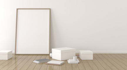 Mock-up of white blank picture frame and white box with books on the wood laminate floor, Interior concept idea of minimal style. 3D rendering.