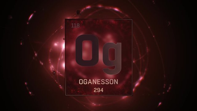 Oganesson as Element 118 of the Periodic Table. Seamlessly looping 3D animation on red illuminated atom design background with orbiting electrons. Design shows name, atomic weight and element number