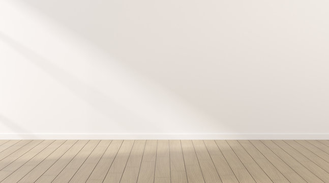 Mock-up of white empty room and wood laminate floor with sun light cast the shadow on the wall,Perspective of minimal inteior design. 3D rendering