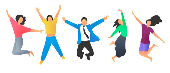 Vector illustration of a group of happy young people jumping and dancing. Set of icons of happy men and women