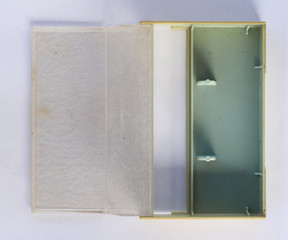 Blank cassette tape box on white paper
