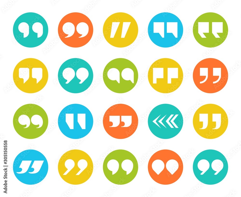 Aufkleber quotes marks. flat quotation marking speech icon set. double comma signs in circle. remark button is
