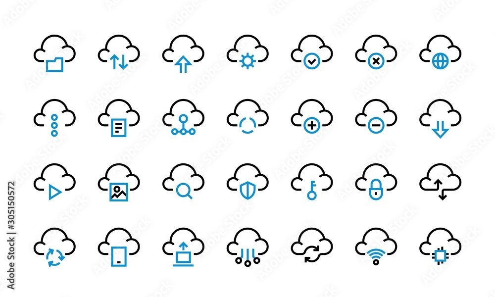 Poster Cloud computing icons. Data transfer access and synchronization, internet platform and cloud server technology. Vector set transfer and computation digital information, like access web container