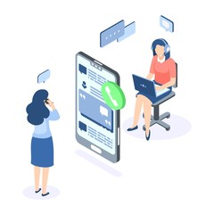 Customer support isometric concept. Call center help web banner. Online service help assistance. Vector illustration supporting chat with client and provides client action guidance