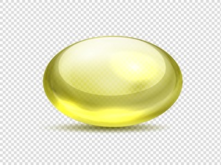 Realistic yellow capsule pills. Oil medicine vitamin, golden bubble with collagen gel. Vector illustration organic vitamin A, E, D or fish oil