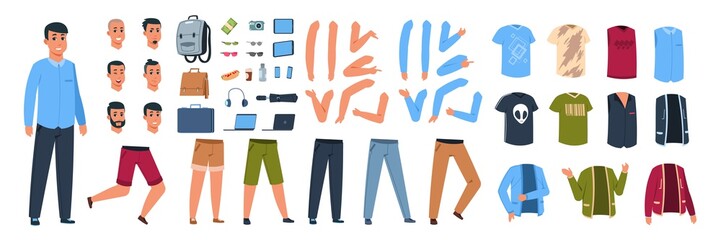 Male character constructor. Cartoon guy with set of different casual clothes and body parts with poses and gestures. Vector animation kit elements man collection on white background