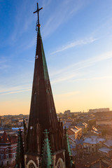 Fototapeta premium View of Lviv city from bell tower of Church of Sts. Olha and Elizabeth. Lvov cityscape, Ukraine