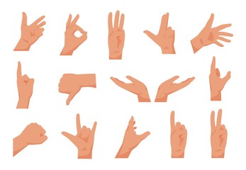 Flat hands. Cartoon human male hands showing thumbs up, pointing and greeting. Vector isolated collection of arms gestures, drawing in various poses, for presentation on white background