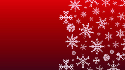 Naklejka na ściany i meble Christmas background of big and small snowflakes, white on red
