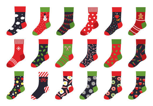 Christmas socks. Cartoon trendy flat clothing element and winter celebration attributes with patterns and ornaments. Vector set holiday colorful stocking illustrations like winter colorful ornate