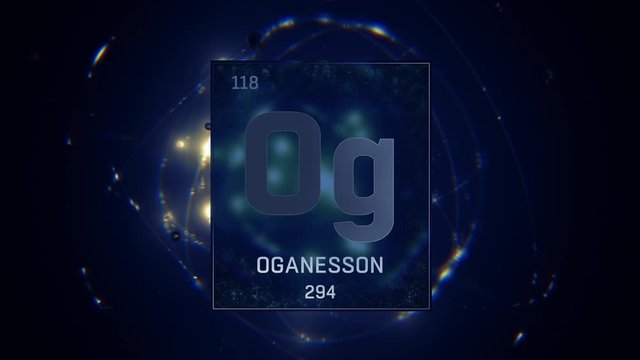 Oganesson as Element 118 of the Periodic Table. Seamlessly looping 3D animation on blue illuminated atom design background with orbiting electrons. Design shows name, atomic weight and element number