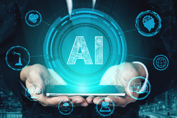 AI Learning and Artificial Intelligence Concept - Icon Graphic Interface showing computer, machine...