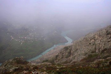 Sulak Canyon view by misty morning, Dagestan, Russia