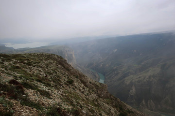 Fototapeta na wymiar Sulak Canyon view by misty morning, Dagestan, Russia