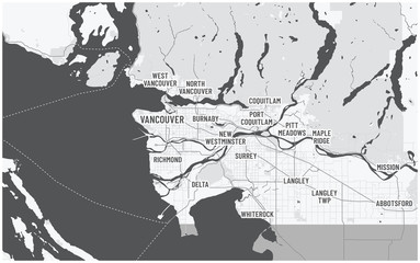 Fototapeta premium Greater Vancouver map and municipalities. Canada, British Columbia. Dark color theme with text.