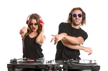 Young djs playing music on white background