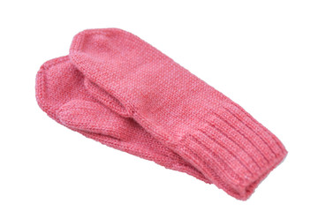 Pink woolen mittens on a white isolated background