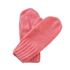 Pink woolen mittens on a white isolated background