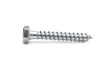 Metal hex screw on white background.