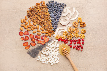 Obraz na płótnie Canvas Tasty granola with ingredients on grey background