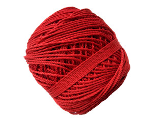 Red knitting yarn for handicrafts isolated on white background. Background of wool yarn, knitted yarn, can also be used as a yarn frame.